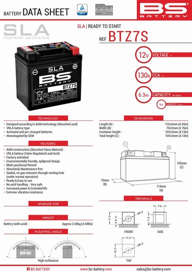 400 XC W (2009 - 2010) btz7s sla battery | BS BATTERY