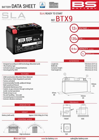 125 DUKE (2017 - 2021) btx9 sla 12v 135 a battery | BS BATTERY