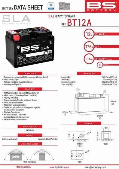 890 DUKE (2021 - 2022) bt12a sla 12v 175 a battery | BS BATTERY