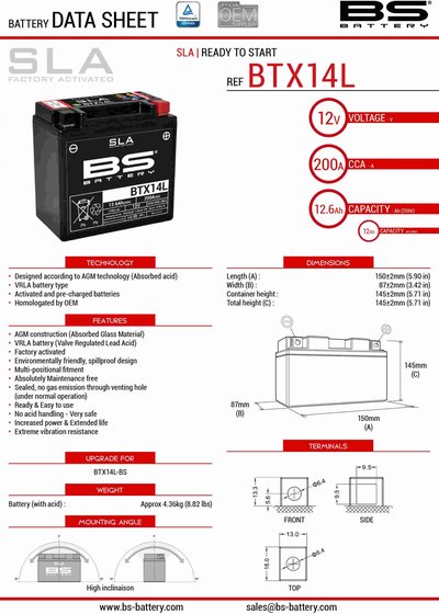 1290 SUPER DUKE R (2014 - 2020) btx14 sla 12v battery | BS BATTERY