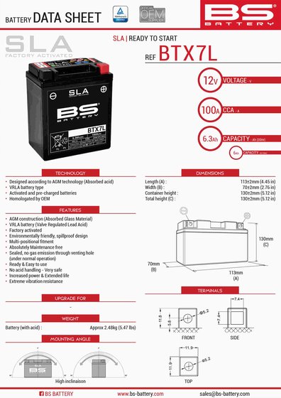 125 DUKE (2011 - 2018) btx7l sla 12v battery | BS BATTERY