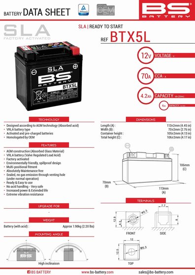 450 SX-F (2006 - 2010) btx5l/btz6s battery | BS BATTERY