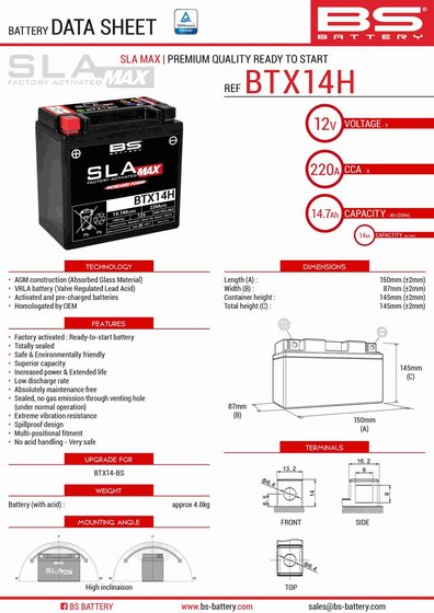 1290 SUPER DUKE R (2014 - 2020) btx14h sla max battery | BS BATTERY